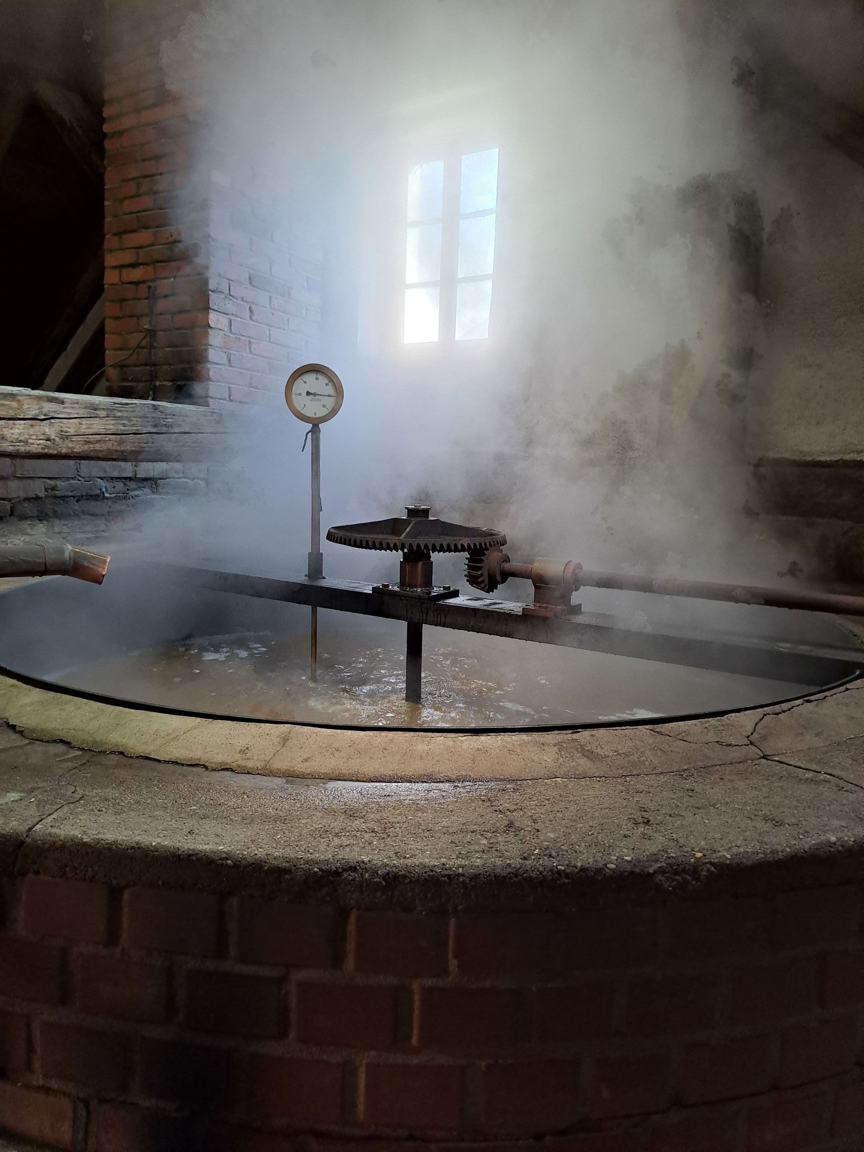 Abb. 6: Dampfende Sudpfanne im Falkenberger Kommunbrauhaus, Juni 2024. Foto: Rebecca Koller